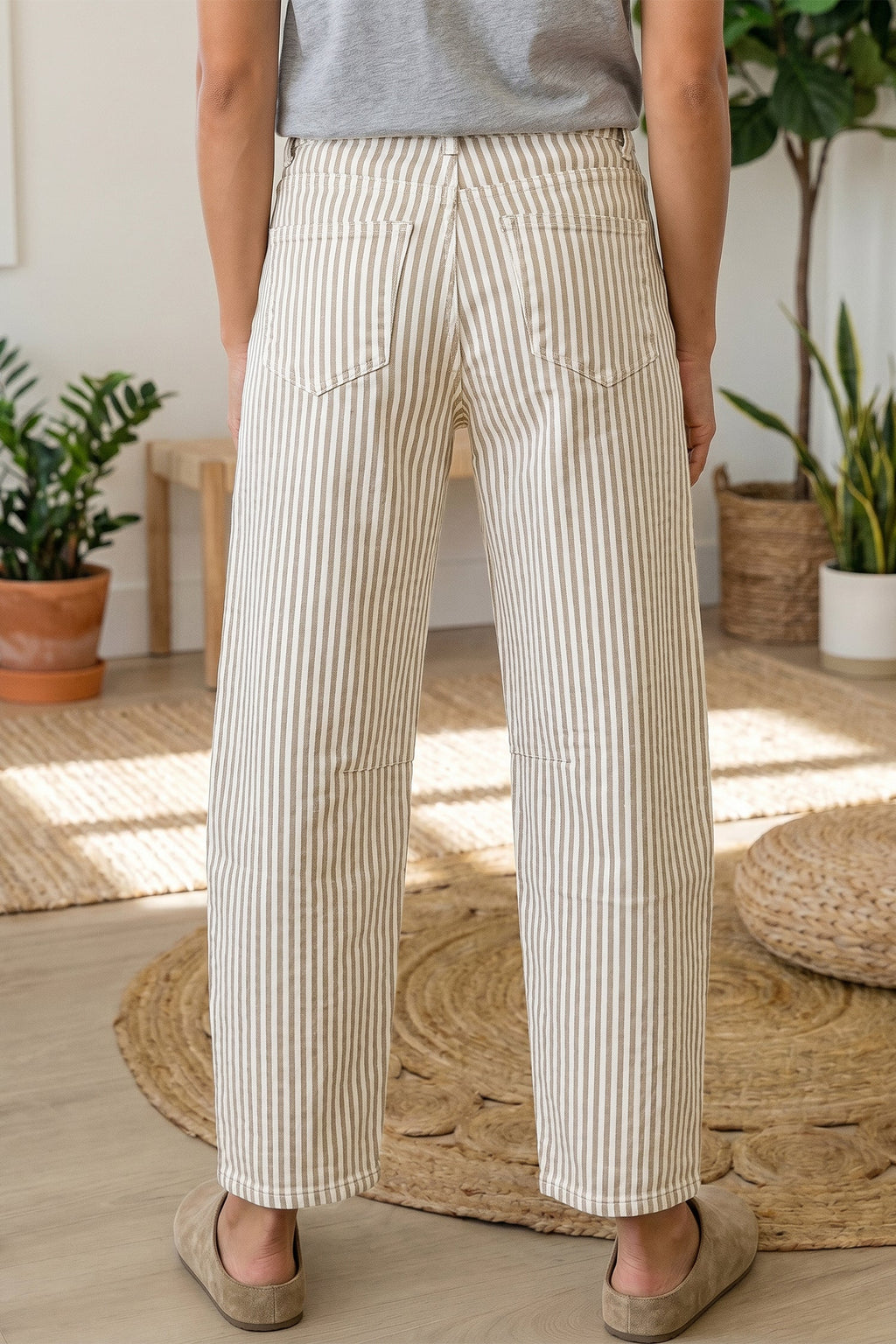 Khaki Stripe Casual Barrel Jeans